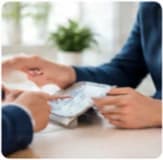 Un conseiller présente un document à un client