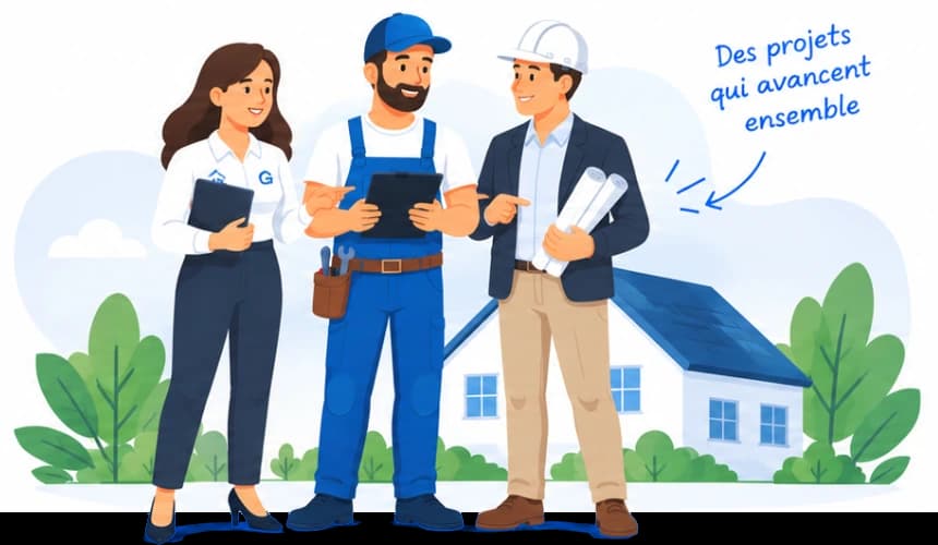 Une conseillère, un artisan et un chef de chantier devant une maison : des projets qui avancent ensemble