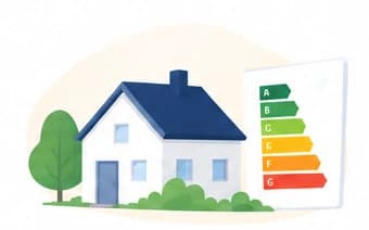 Maison et son étiquette de diagnostic de performance énergétique, de A à G