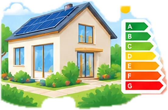 Maison équipée de panneaux solaires et son étiquette énergie de A à G