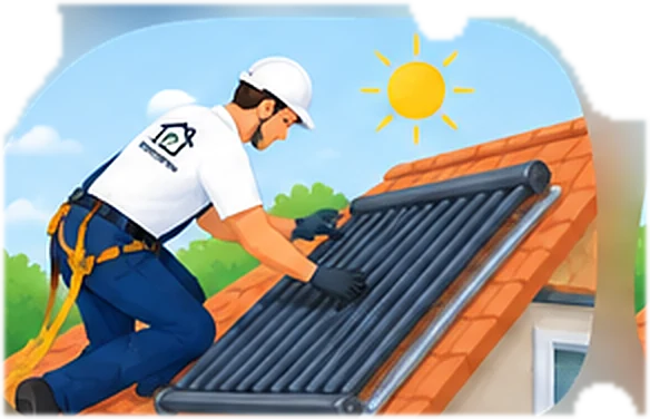 Technicien posant des capteurs solaires thermiques sur un toit