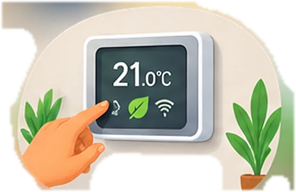 Main réglant un thermostat connecté sur 21 °C