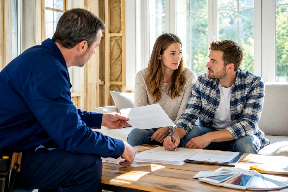 Un conseiller remet un document à un couple pour un dossier d’aides à la rénovation