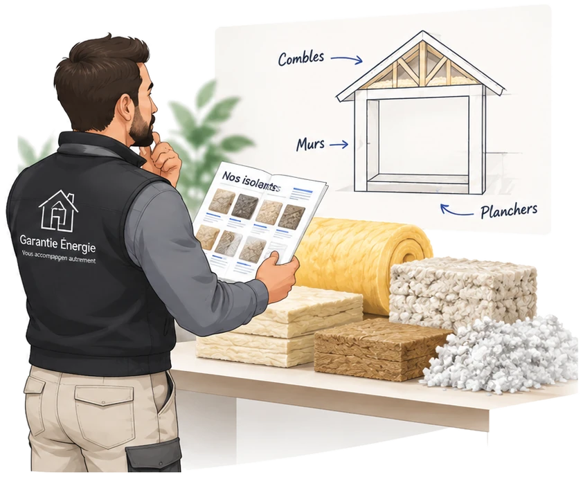 Conseiller Garantea présentant les isolants possibles pour les combles, les murs et les planchers