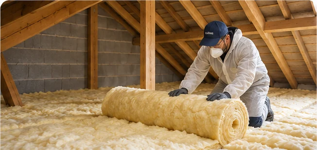 Pose d’un rouleau d’isolant sur le plancher de combles perdus