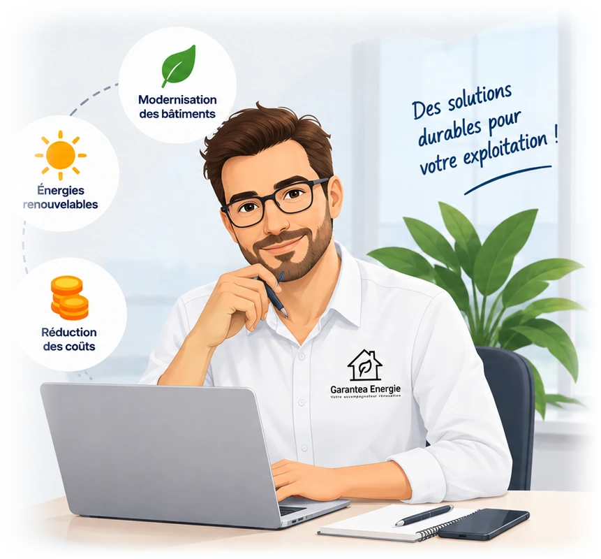 Conseiller Garantea Énergie à son bureau : modernisation des bâtiments, énergies renouvelables, réduction des coûts. « Des solutions durables pour votre exploitation ! »