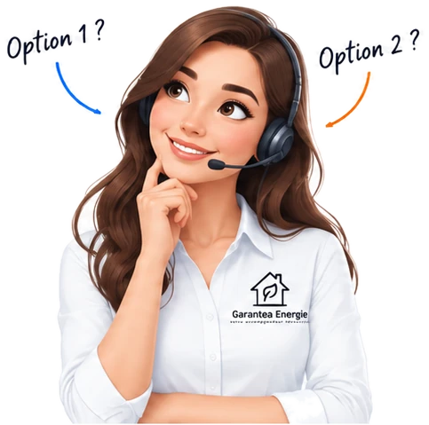 Conseillère Garantea Énergie, casque sur les oreilles, qui hésite entre l’option 1 et l’option 2