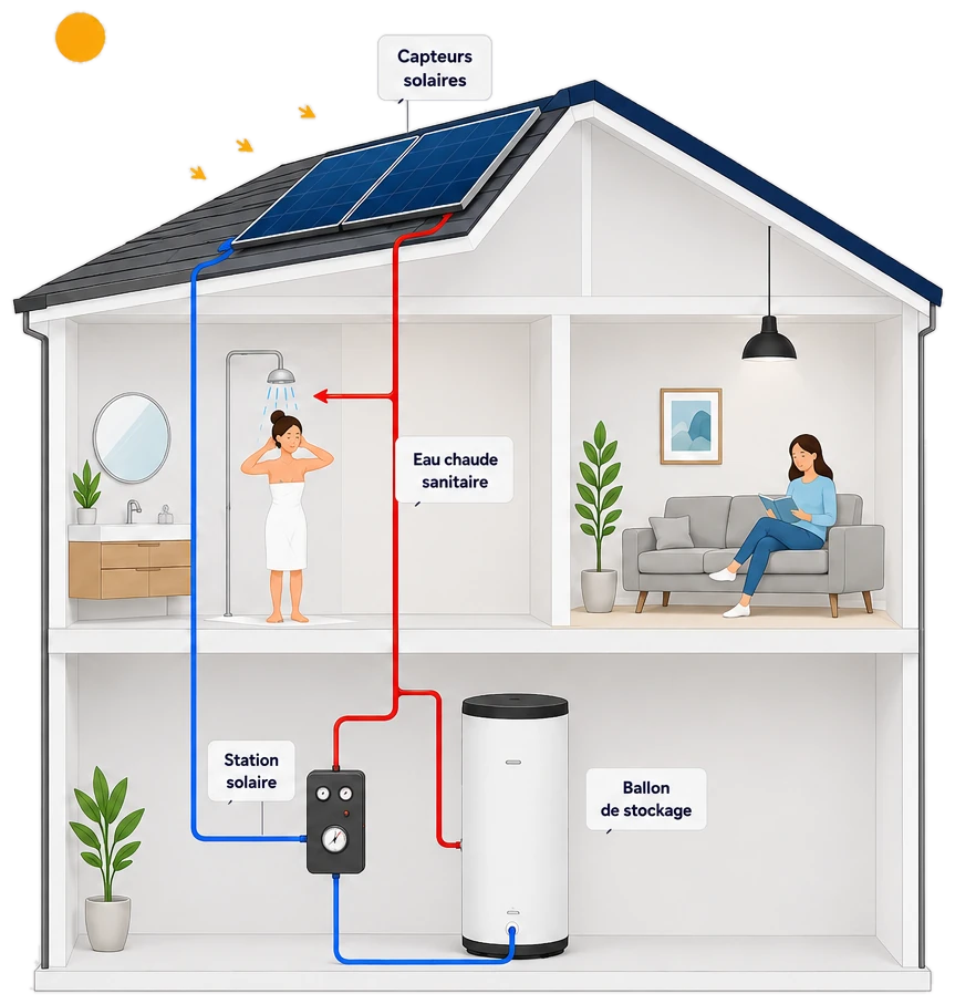 Coupe d’une maison équipée d’un chauffe-eau solaire individuel : capteurs en toiture, station solaire, ballon de stockage et eau chaude sanitaire