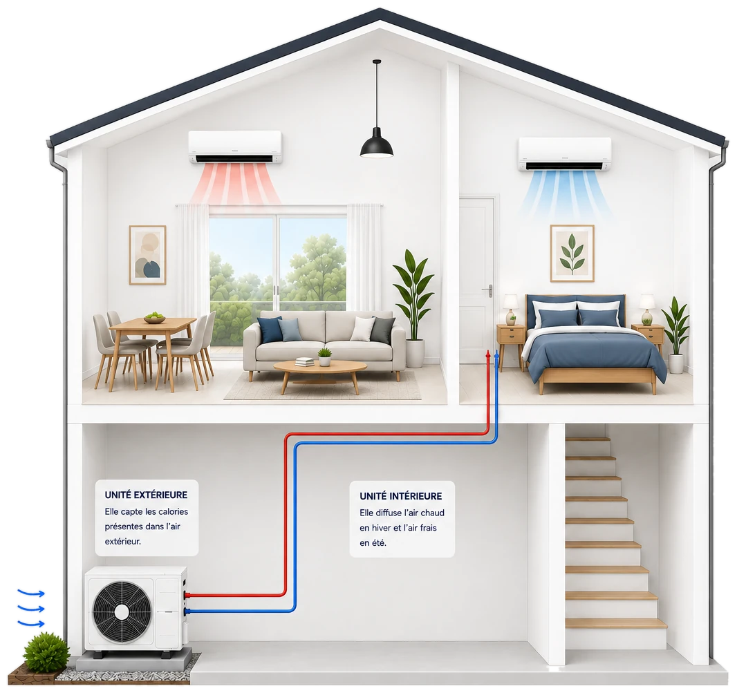 Coupe d’une maison équipée d’une pompe à chaleur air / air : unité extérieure, liaisons frigorifiques et unités murales dans le séjour et la chambre