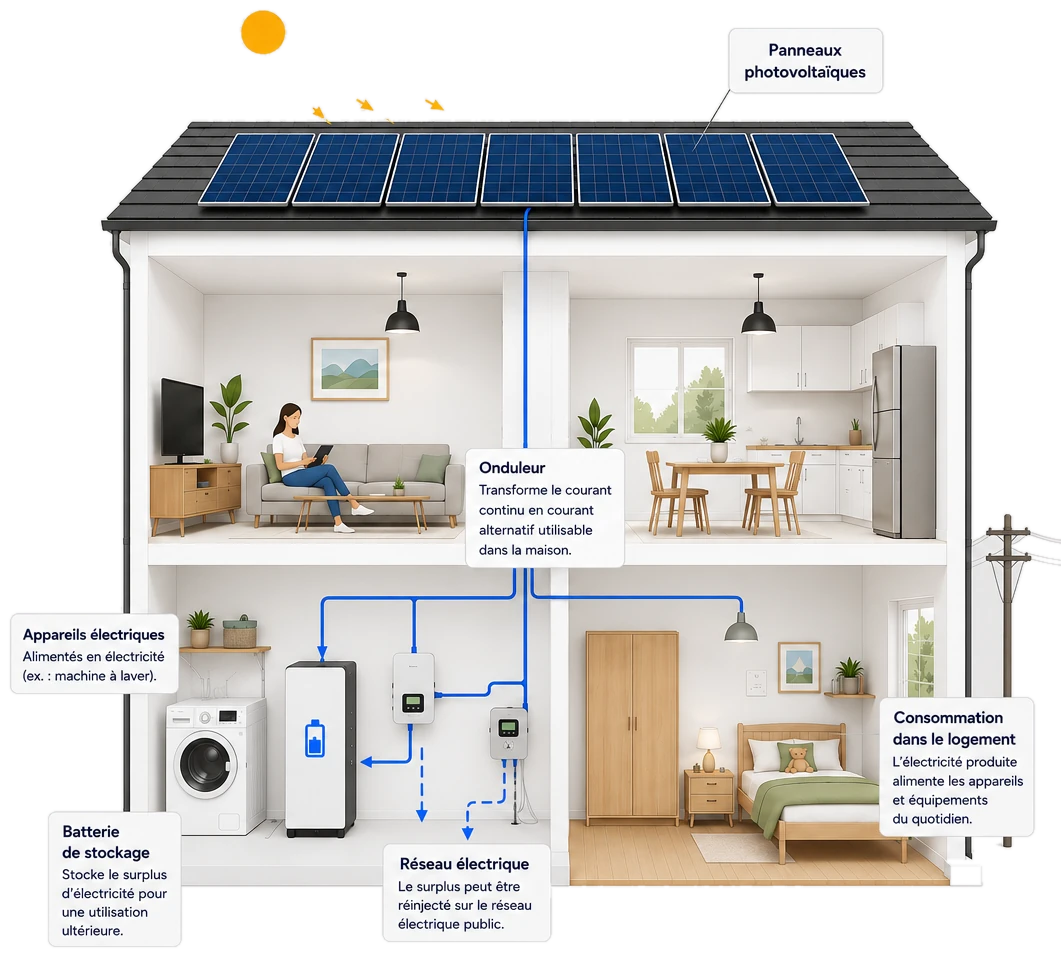 Coupe d’une maison équipée de panneaux photovoltaïques : captation en toiture, onduleur, batterie de stockage, consommation dans le logement et surplus réinjecté sur le réseau
