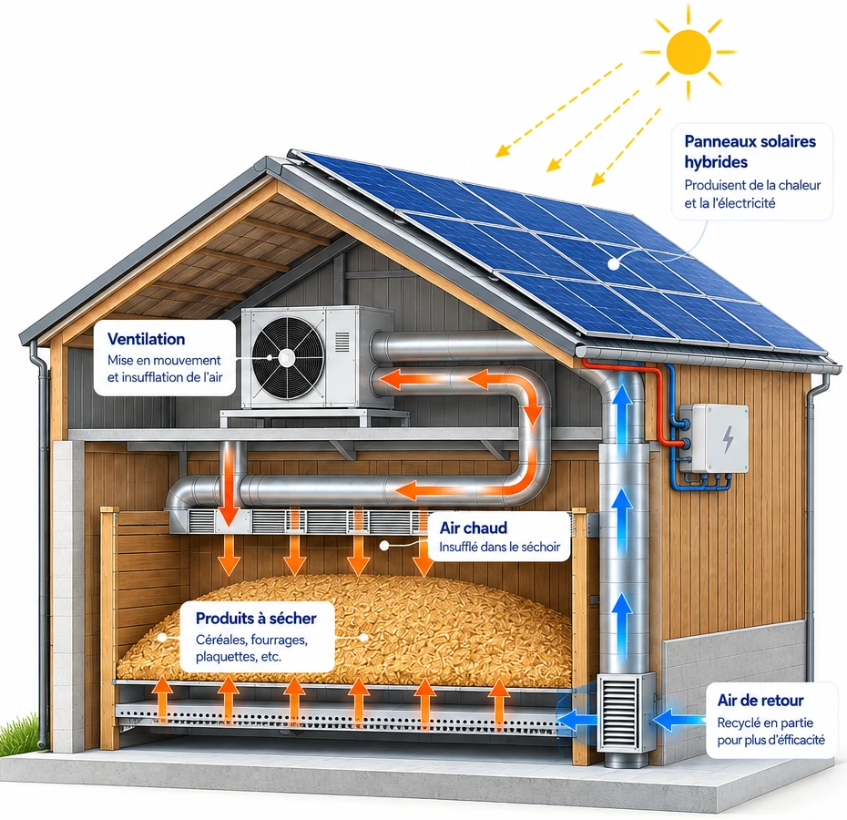 Coupe d’un séchoir solaire agricole : panneaux solaires hybrides, ventilation, air chaud insufflé sous les produits à sécher (céréales, fourrages, plaquettes), air de retour recyclé en partie