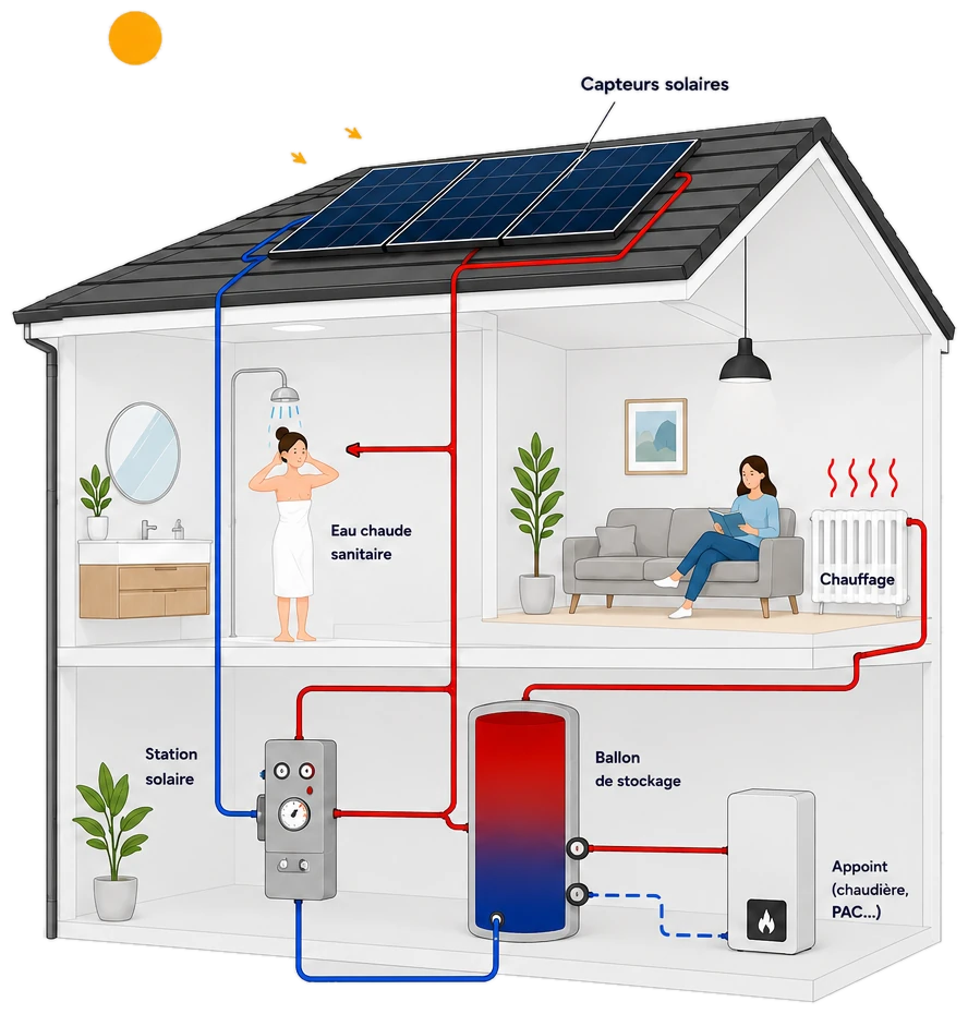 Coupe d’une maison équipée d’un système solaire combiné : capteurs en toiture, station solaire, ballon de stockage, chauffage, eau chaude sanitaire et appoint
