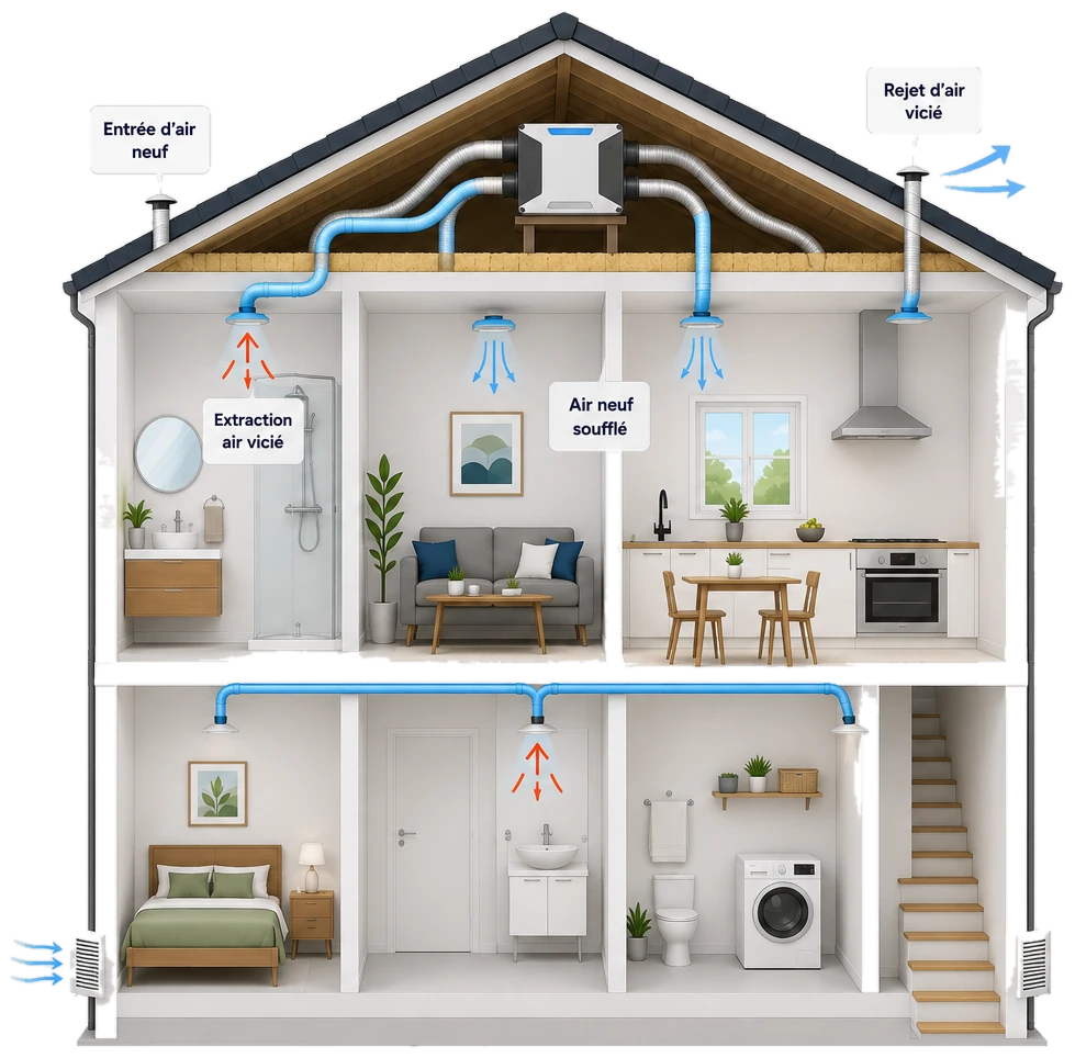 Coupe d’une maison équipée d’une VMC : entrée d’air neuf, réseau de conduits en combles, bouches d’extraction dans les pièces humides et rejet de l’air vicié
