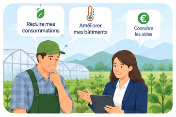 Un agriculteur expose ses besoins à une conseillère : réduire ses consommations, améliorer ses bâtiments, connaître les aides