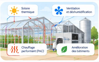 Solutions pour une exploitation : solaire thermique, ventilation, chauffage par pompe à chaleur, amélioration des bâtiments