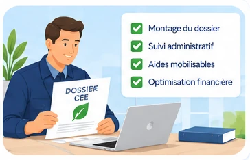 Un conseiller présente le dossier CEE : montage, suivi administratif, aides, optimisation financière
