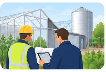 Un technicien et un exploitant font le point devant une serre et un silo