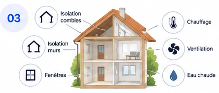 Étape 3 : coupe d’une maison et travaux possibles : combles, murs, fenêtres, chauffage, ventilation, eau chaude