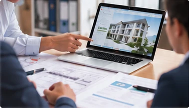 Étude d’un bâtiment sur un ordinateur portable, plans à l’appui