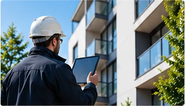 Technicien relevant un bâtiment sur sa tablette