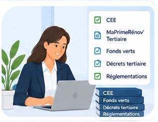Une conseillère recense les dispositifs tertiaires : CEE, fonds verts, décret tertiaire, réglementations