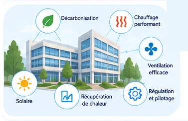 Leviers pour un bâtiment tertiaire : décarbonation, chauffage performant, ventilation, solaire, récupération de chaleur, régulation