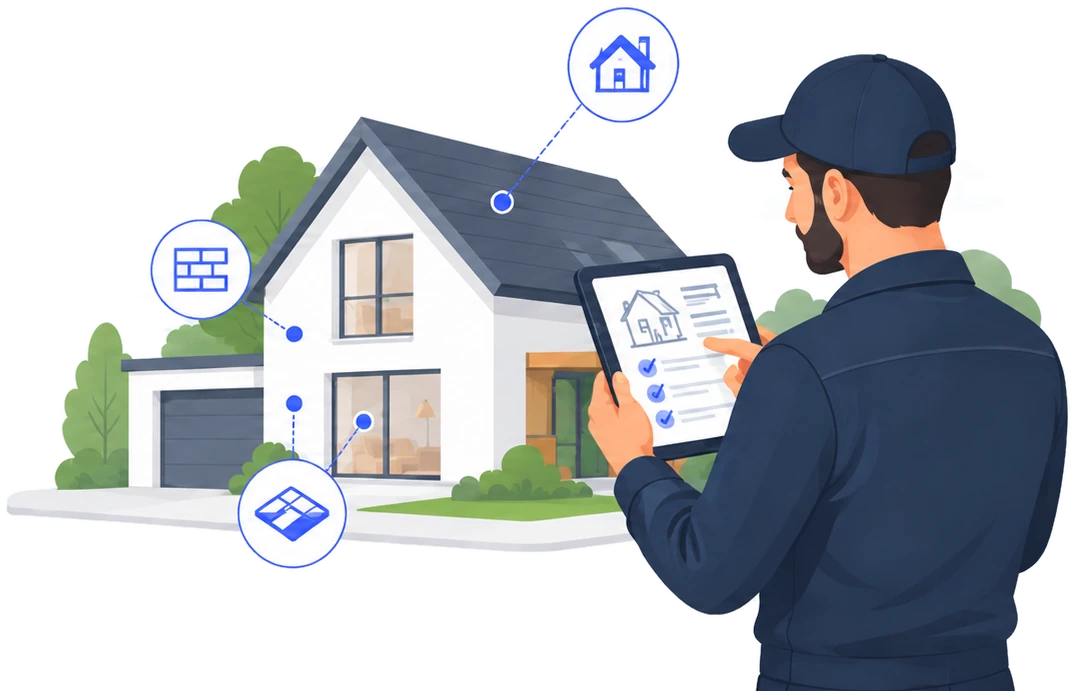 Technicien Garantea auscultant une maison sur sa tablette