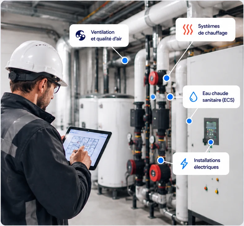 Technicien relevant les installations d’une chaufferie : ventilation, chauffage, eau chaude sanitaire et installations électriques