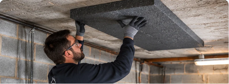 Pose d’une plaque de polystyrène sous le plafond d’un sous-sol