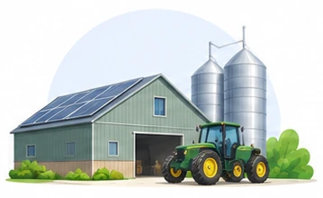 Bâtiment agricole à panneaux solaires, silos et tracteur