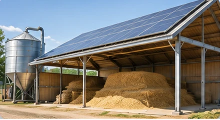Hangar agricole couvert de panneaux solaires pour le séchage du fourrage
